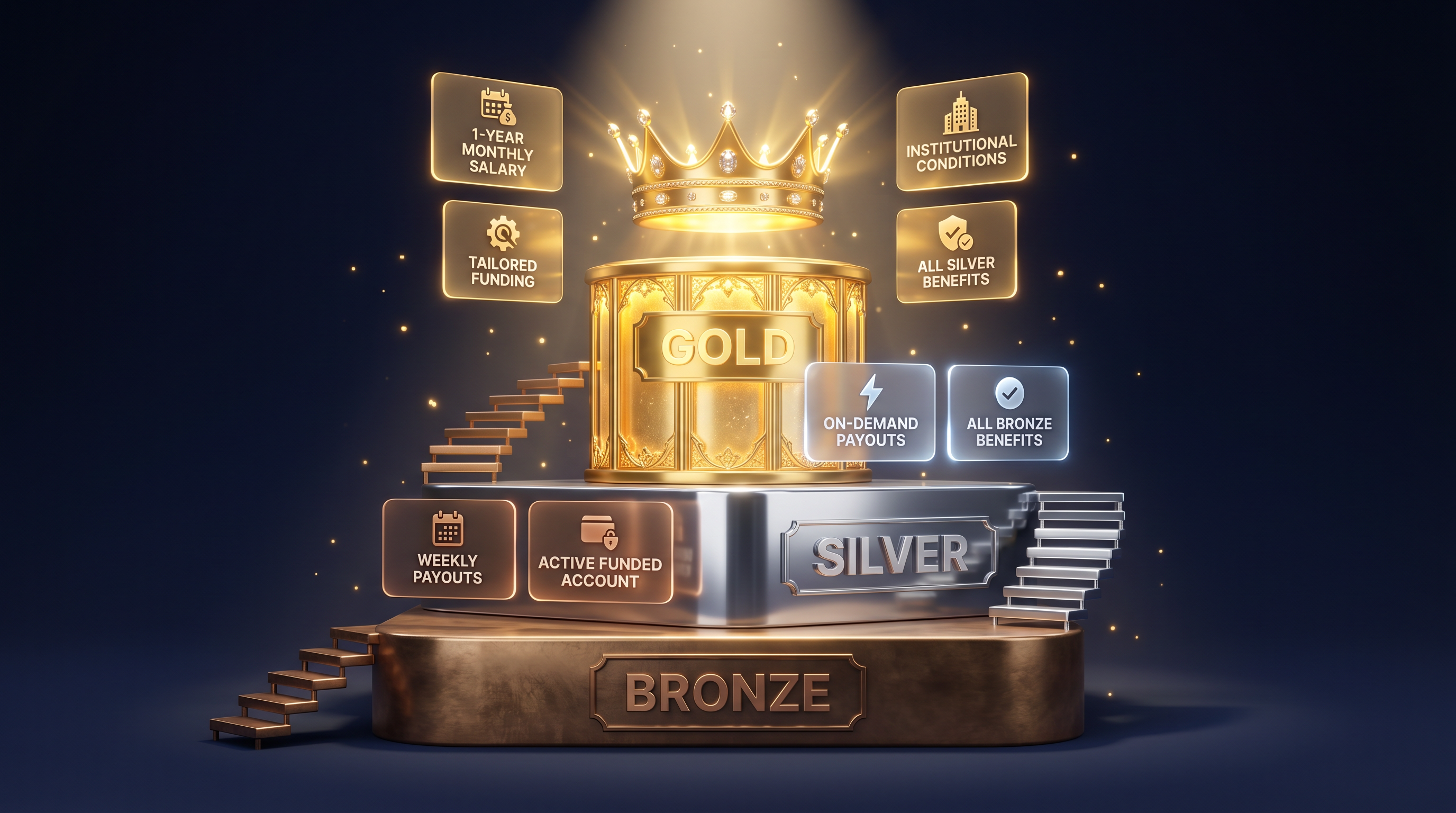 CTI funded trader tier progression — Bronze Silver Gold