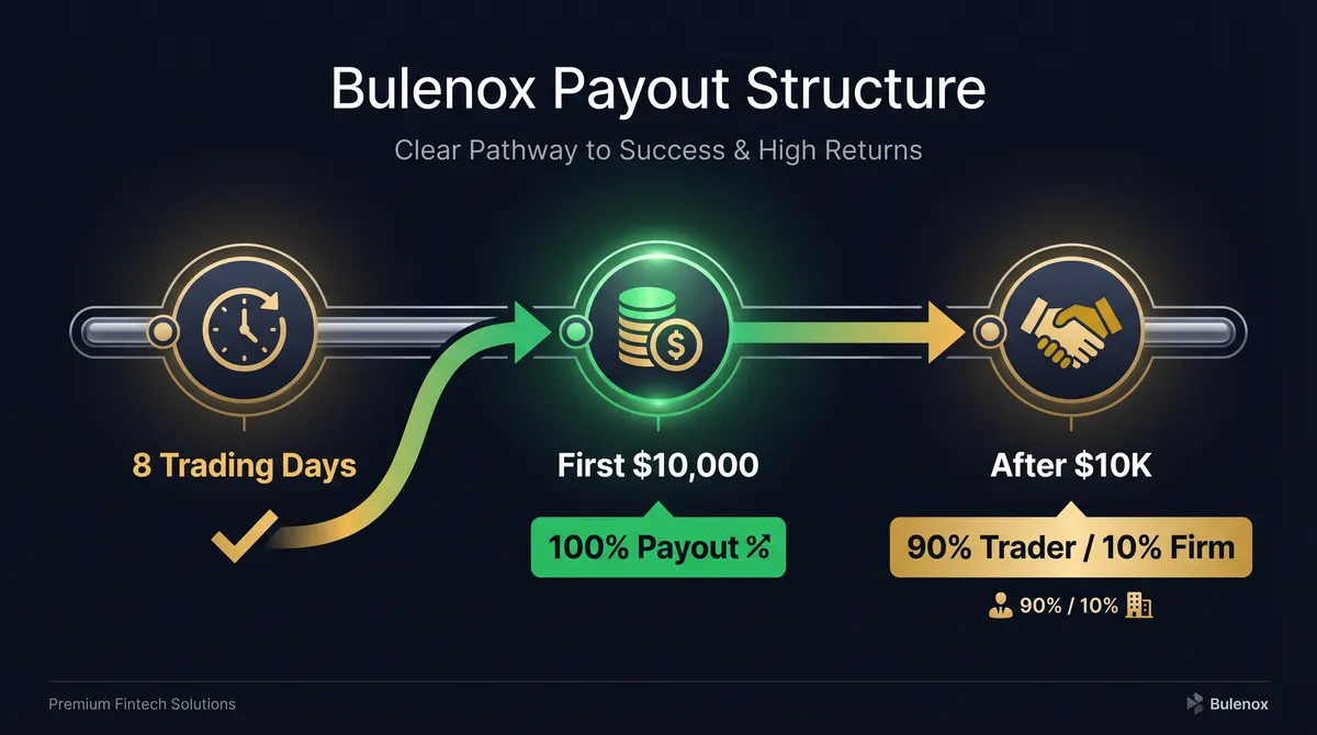 Struttura payout Bulenox: Primi US$10.000 al 100%, poi split 90%
