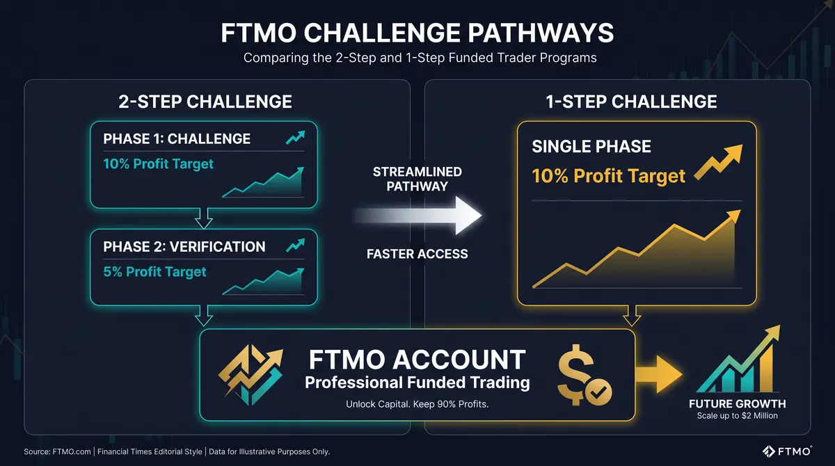 Diagrama comparando los flujos de FTMO 2-Step y 1-Step Challenge