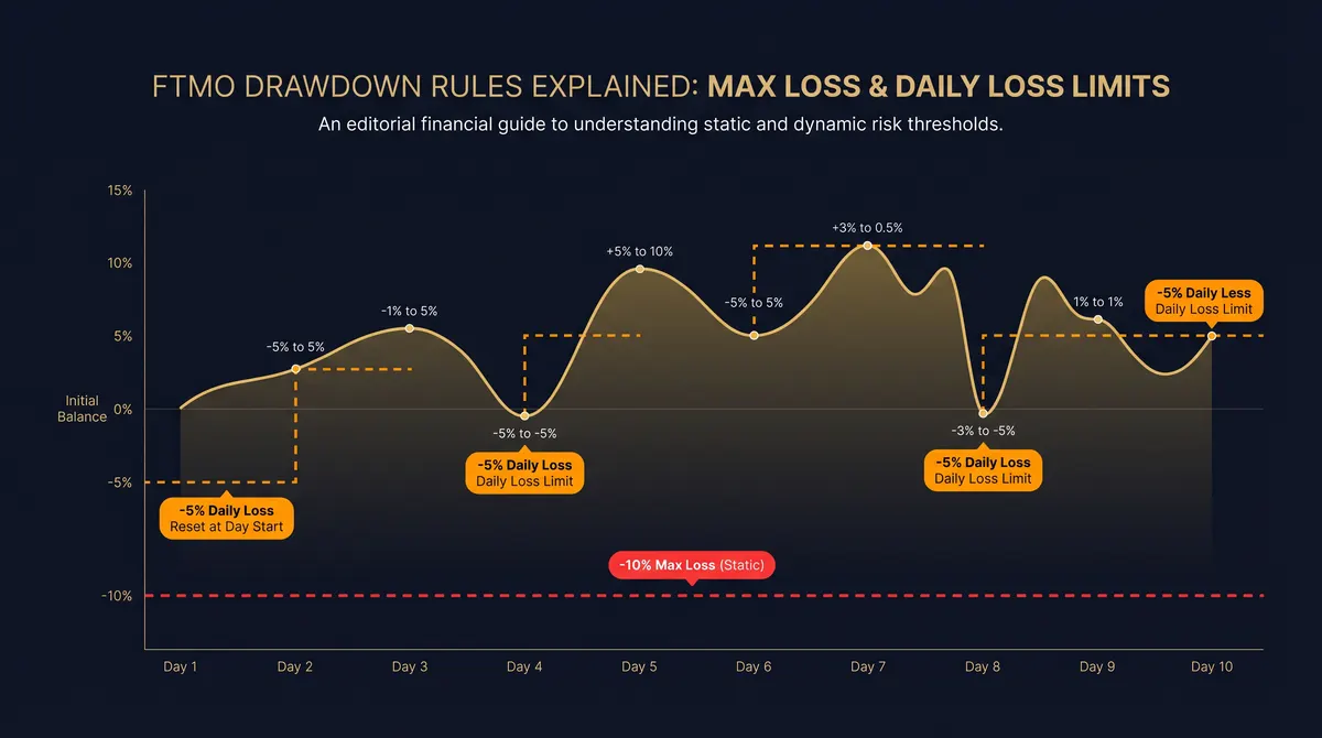 Diagrama de reglas de drawdown FTMO mostrando umbrales de 5% daily loss y 10% max loss