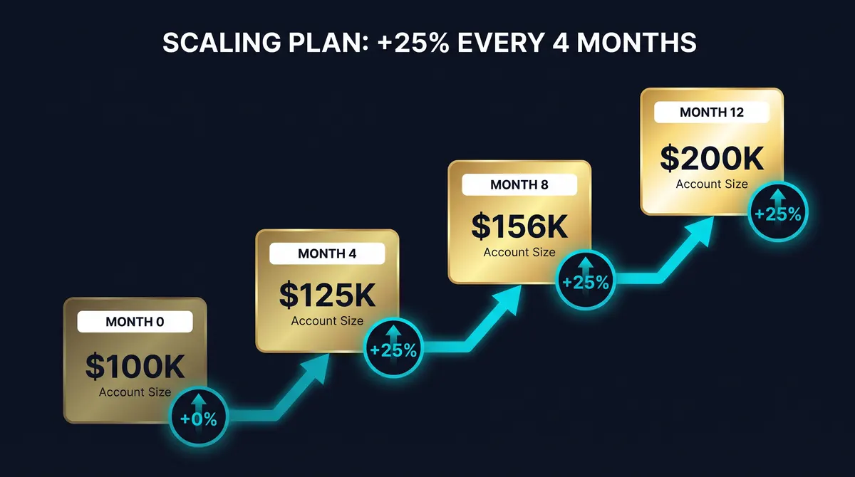 Visualización del Plan de Scaling de FTMO mostrando crecimiento de cuenta del 25% cada 4 meses