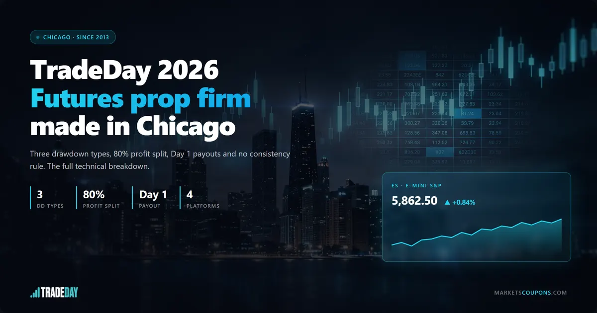 TradeDay Chicago futures prop firm, Willis Tower skyline with holographic futures charts