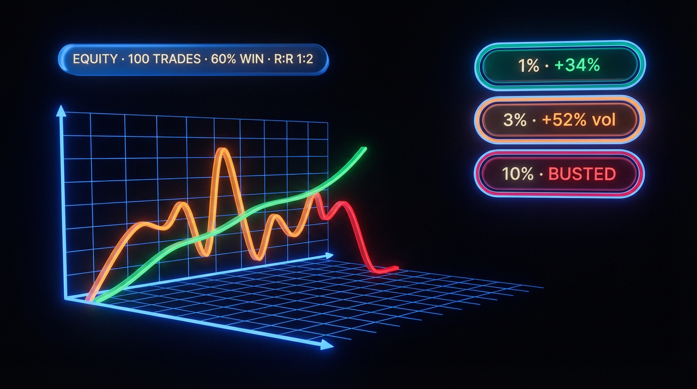 Efeito composto ao longo das fases — reconhecimento, execução e proteção, curva de saldo crescendo de forma controlada