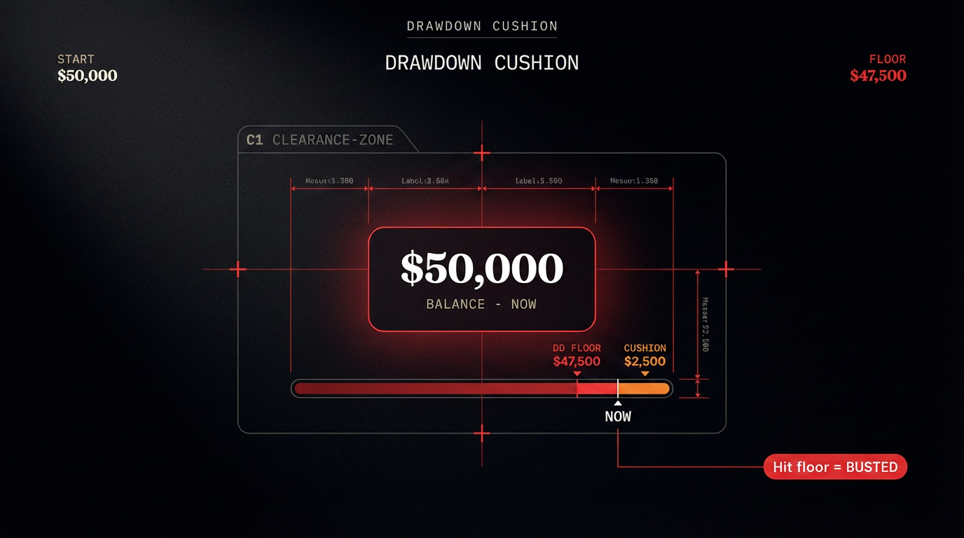 Drawdown floor spiegato — grafico con linea del saldo in aumento e il pavimento del drawdown che si blocca a US$ 50.000
