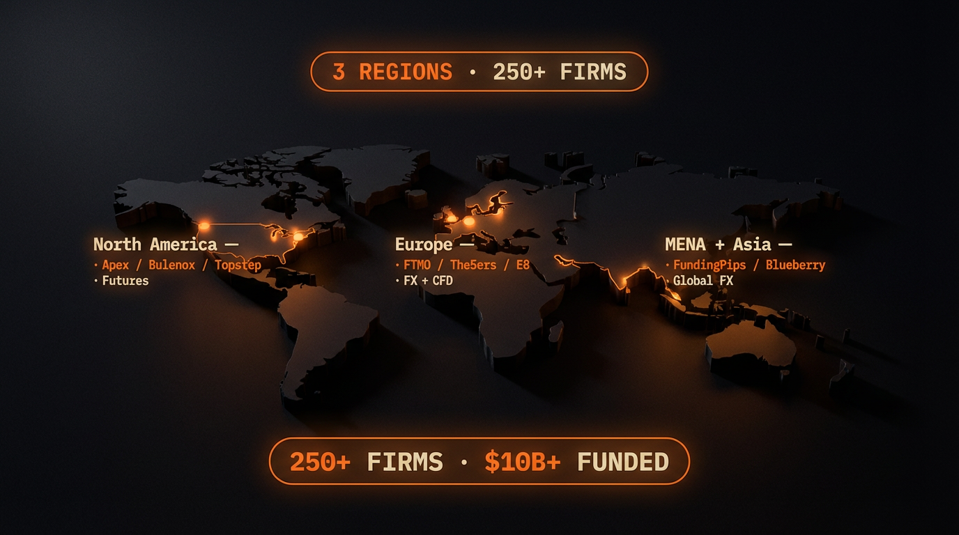 Mapa global da indústria Prop Firm mostrando concentração por país