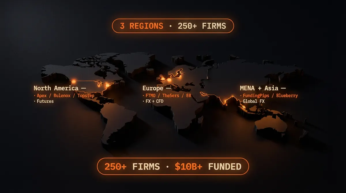 Global map of the Prop Firm industry showing concentration by country