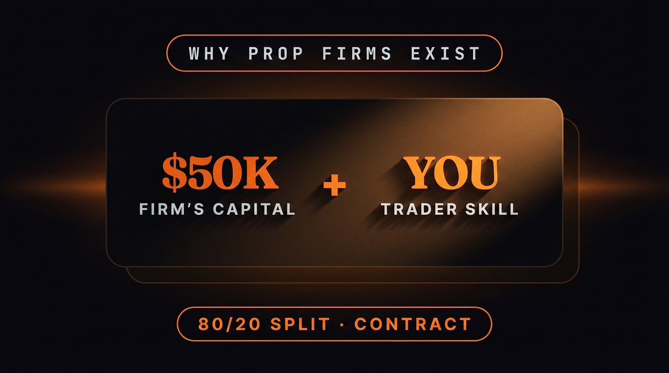 O que é uma Prop Firm — aperto de mão entre trader e instituição, iluminação cinemática dourada