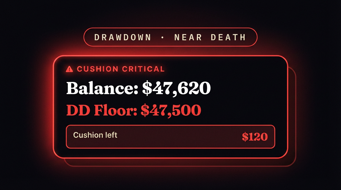 Gestione del Drawdown — curva del saldo vicina al limite, linea rossa, illuminazione cinematografica di tensione