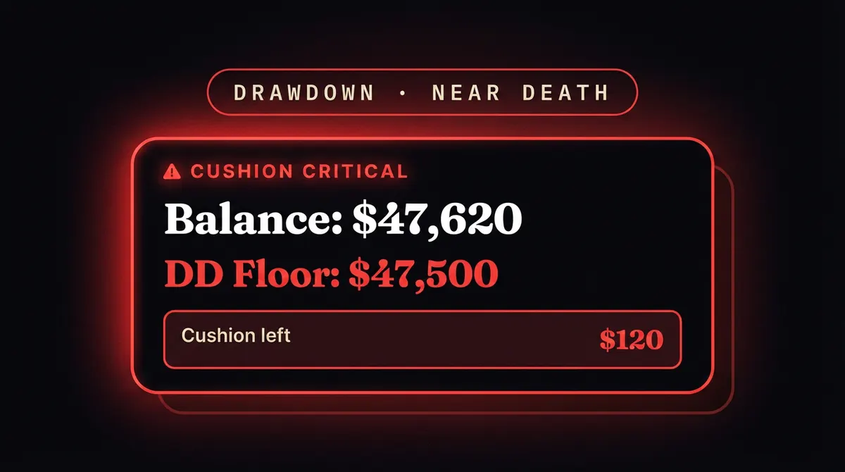 Drawdown Management, balance curve near the limit, red line, cinematic tension lighting