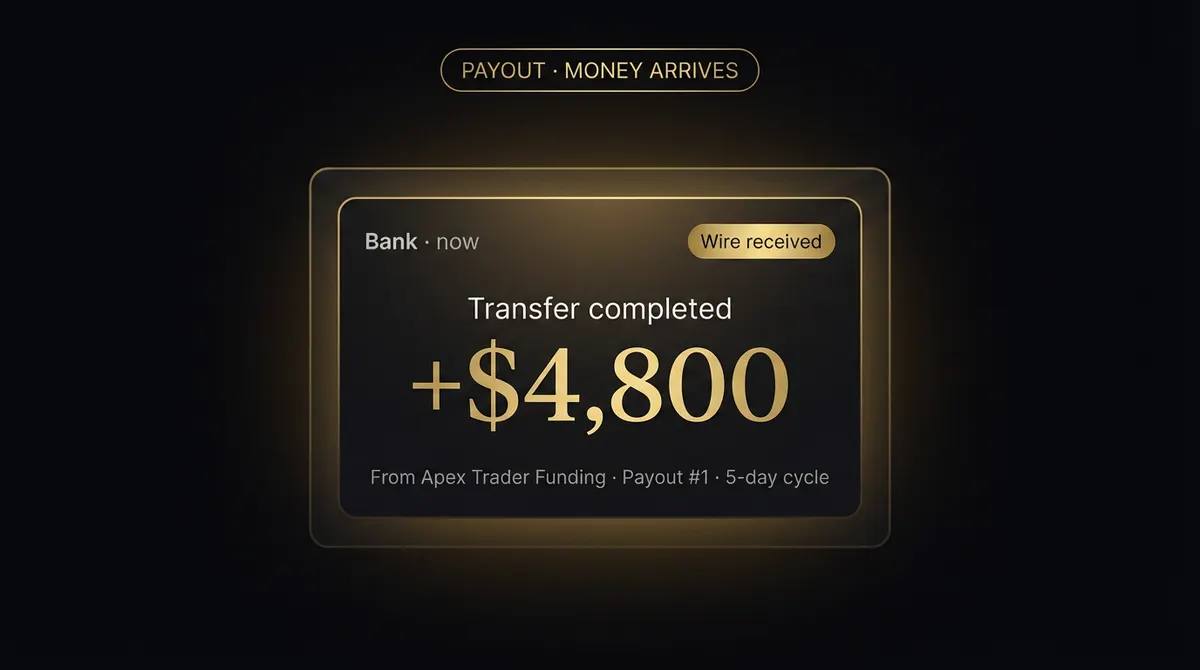 Hero, stack of dollars and payout icons illustrating the first withdrawal from a Prop Firm, golden cinematic lighting