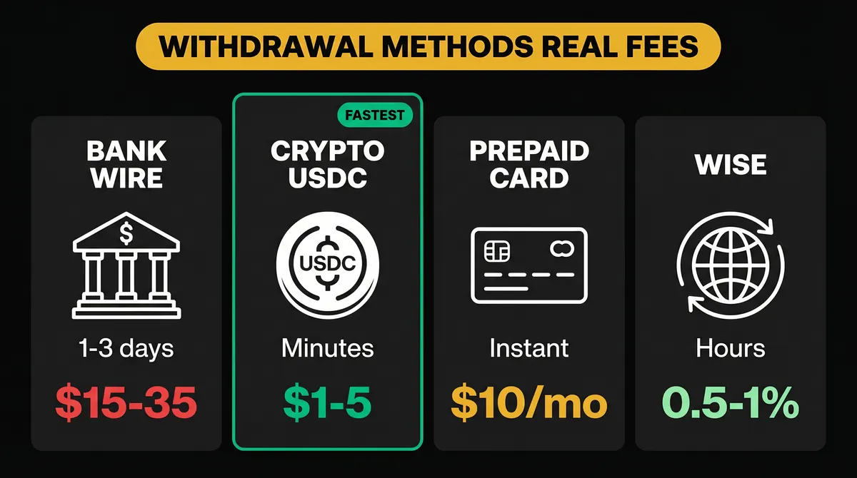 Withdrawal methods with real fees, comparison of Bank Wire, USDC, Wise, and Prepaid Card for Prop Firm payouts in 2026
