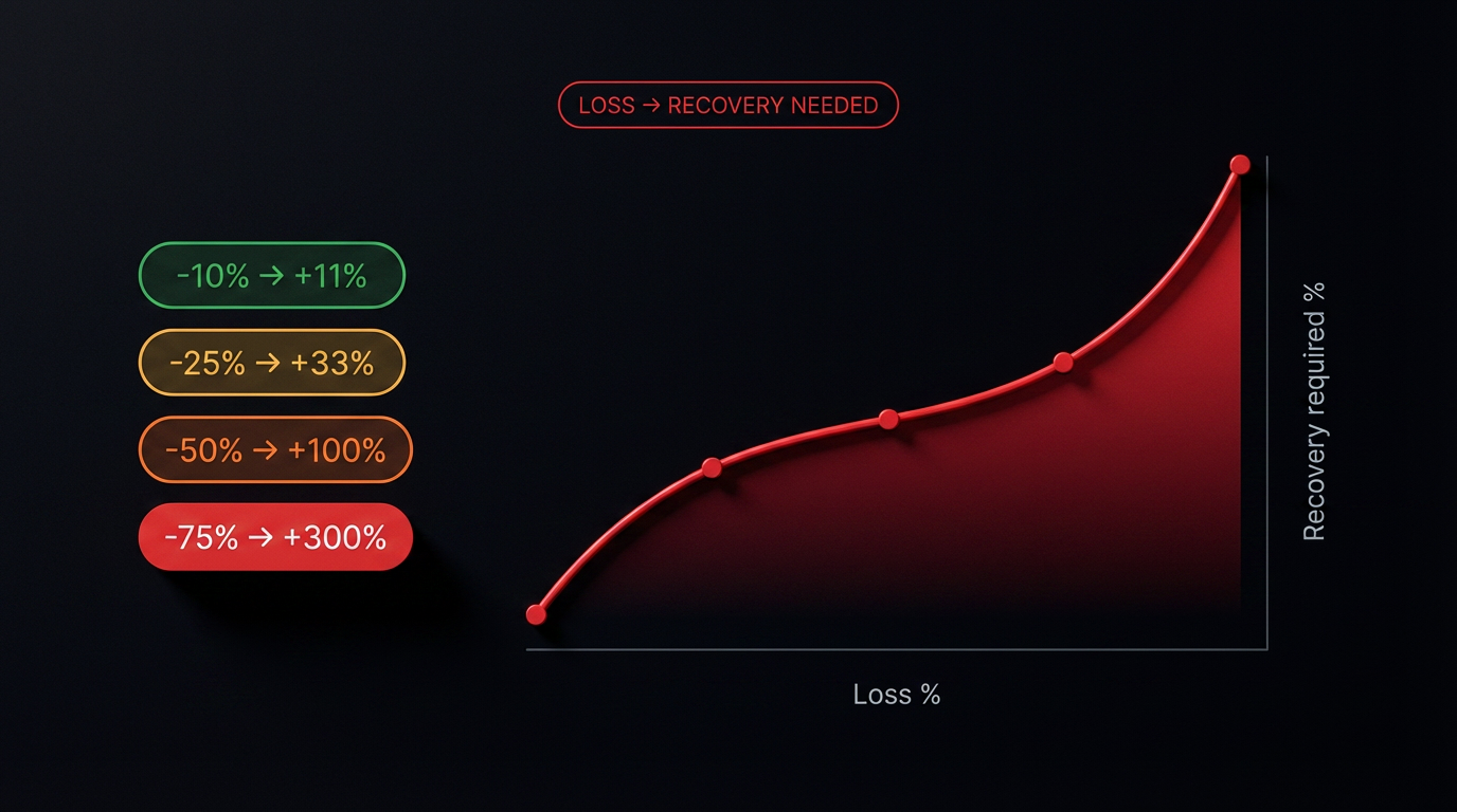 Matematica del recupero — tabella visiva che mostra come perdere il 50% richieda di guadagnare il 100% per tornare al saldo iniziale