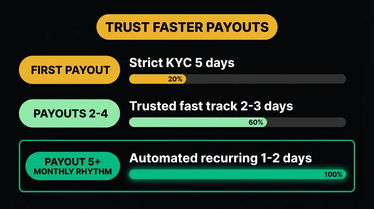 Income rhythm in Prop Firm, 3 phases: initial KYC, fast track, and automated recurrence, with monthly timeline