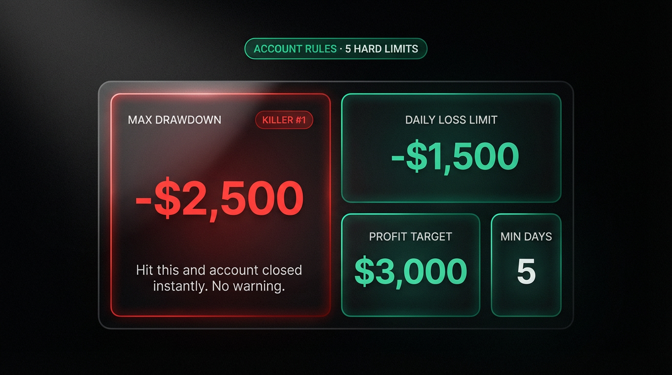 Dashboard de regras ocultas por firma — Consistency, news, max lot, weekend holding