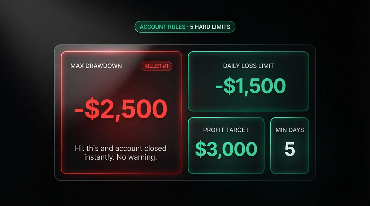 Hidden rules dashboard by firm, Consistency, news, max lot, weekend holding