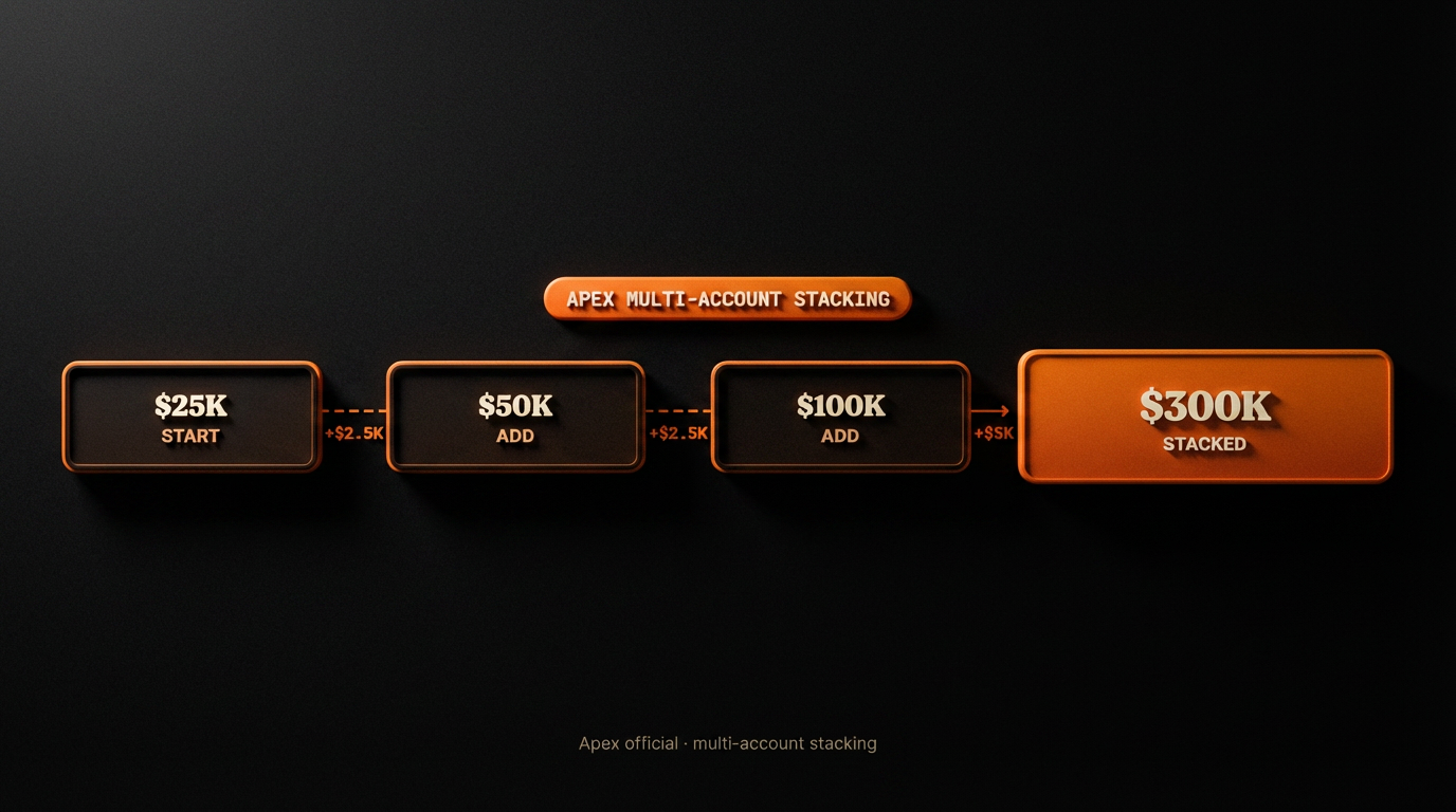 Escala Apex realista — linha temporal de 12 meses mostrando composição de contas 25K + 50K + 100K até atingir US$ 375.000 nocional